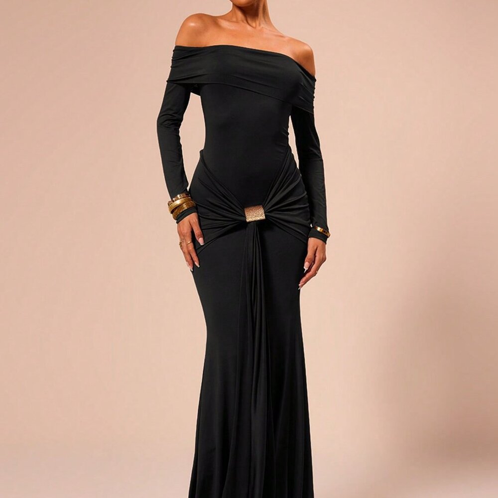 Black Party Women's Romantic Off Shoulder Long Sleeve Maxi Dress